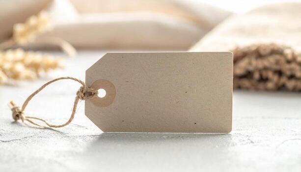 Rustic Blank Kraft Paper Price Tag Sample with Twine Soft Natural Fabric and Wheat Stems Background Ready for Text Overlay Product Branding Sale Announcement or Customization photo