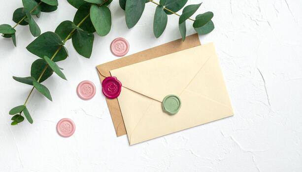 Elegant Wedding Invitation Envelopes with Wax Seals and Eucalyptus Branches on Textured White Background photo