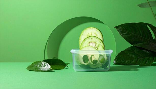 Vibrant Green Guava Slices in Clear Container with Lush Tropical Leaves on Lime Green Background photo