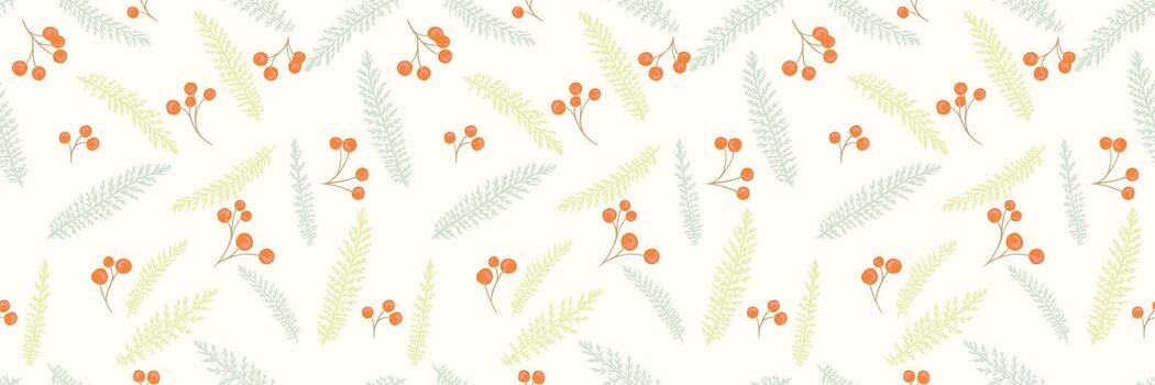 Seamless pattern with hand drawn red berries and pine branches on a light background. Delicate and festive design for holiday wrapping, textiles, and winter themed projects vector