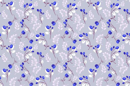 Seamless pattern with elegant blue berries and delicate leaves on a soft gray background. Botanical hand drawn style for fabrics, wallpapers, wrapping paper, packaging, and digital design vector