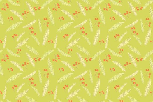 Seamless pattern with delicate fir like branches and small orange berries on a fresh light green background. Modern botanical design for textiles, wrapping and decor vector