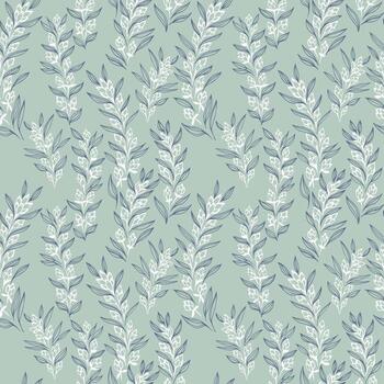 Seamless pattern with delicate line art branches and tiny leaves on a soft green background. Elegant botanical design for textiles, wallpaper, and packaging vector