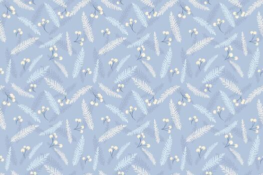 Seamless pattern with delicate fir like branches and small cream berries on soft blue background. Elegant winter botanical design for textiles, wrapping and decor vector