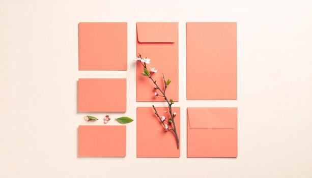 Coral Envelopes and Blossom Branch Flat Lay Spring Stationery Concept photo