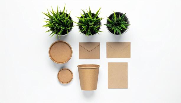 Eco friendly Packaging Mockup Paper Cup Containers Envelopes Plants on White Background Top View Flat Lay photo