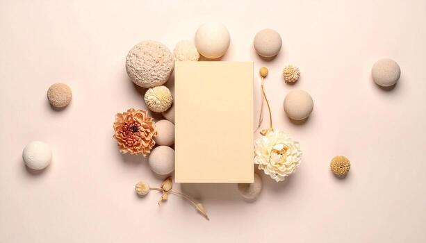 Minimalist Mockup Scene Beige Card Surrounded by Natural Elements Copy Space for Text and Design photo