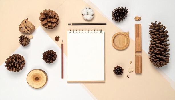 Flat lay arrangement of natural autumnal elements pine cones cotton wood slices and a blank notebook for creative ideas top view warm neutral background photo