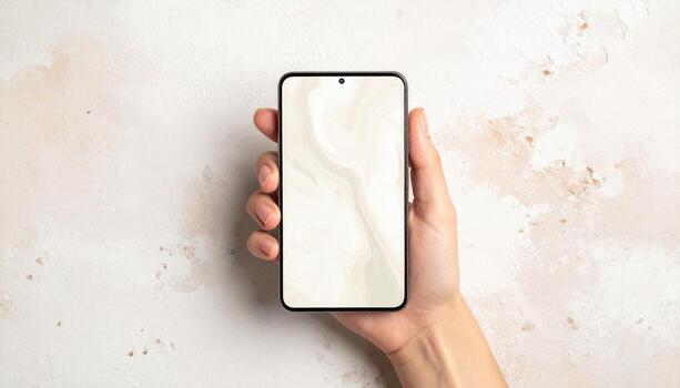 Modern Smartphone Display Mockup Held by Hand on Textured Neutral Background Digital Technology Concept for Apps Websites and Marketing photo