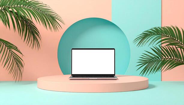 Modern Laptop on Pedestal Display with Tropical Palm Leaves Blank Screen for Mockup Minimalist Tropical Tech Presentation photo