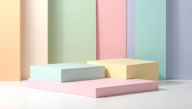 Pastel Geometric Display Podiums with Soft Vertical Background Panels Perfect for Product Showcase Minimalist Design Projects photo
