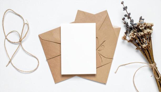 Craft Mockup Blank Card with Kraft Envelopes Twine and Dried Flowers Flat Lay photo