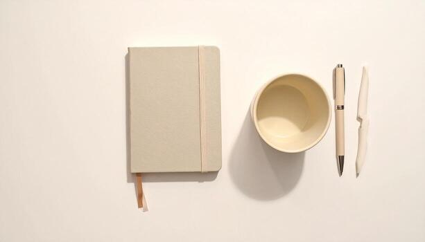 Minimalist Desk Setup Notebook Pen and Cup on White Background photo