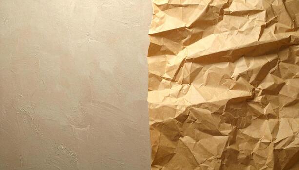 Textured Contrast Rough Kraft Paper Meets Smooth Plaster Wall Background Copy Space photo