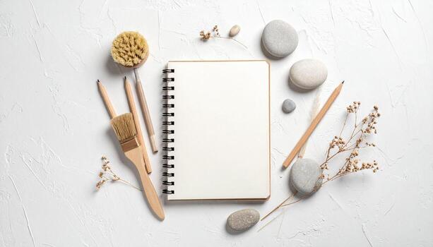 Flat lay Blank notepad wooden pencils paintbrush and smooth stones arranged on white textured background for creative journaling sketching or mindful planning photo