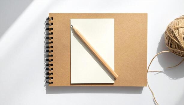 Minimalist Aesthetic Blank Notebook Pencil and Twine Ball on White Background with Natural Light Shadows photo