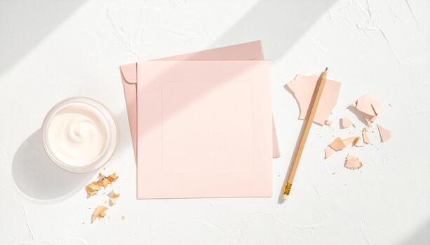 Flat lay of soft pink stationery cosmetic cream pencil and abstract shapes casting soft shadows on a textured white background photo