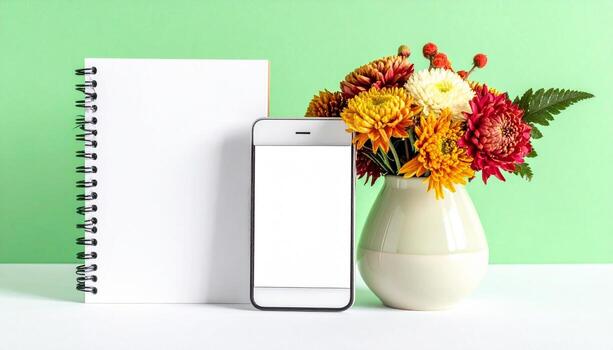 Creative Workspace Notebook Smartphone and Autumn Flowers on a Green Background Mockup for Business Planning or Lifestyle Content photo
