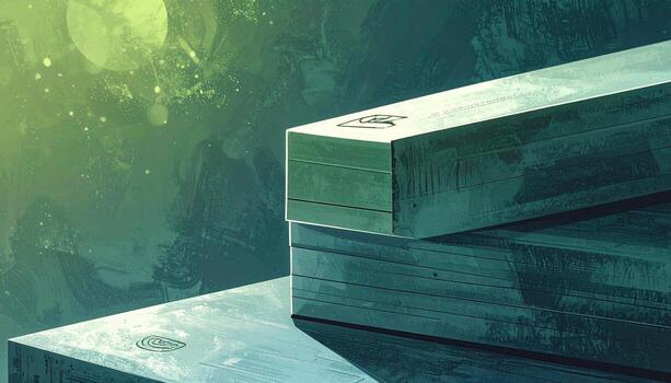 Green Abstract Background with Stacked Geometric Blocks and Bokeh Lights photo