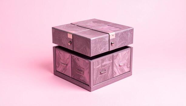 Pink Abstract Cube Storage Drawer Unit with Metal Accents on Pink Background, structure photo