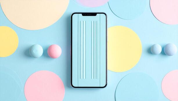 Modern Smartphone on Pastel Blue Background with Geometric Shapes and Spheres, device photo