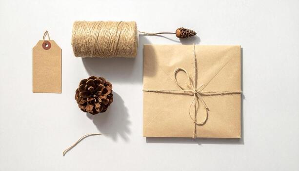 Brown Paper Package Tied with Twine, Pinecone, Gift Tag, Flat Lay on White Background, Natural Crafting, art photo