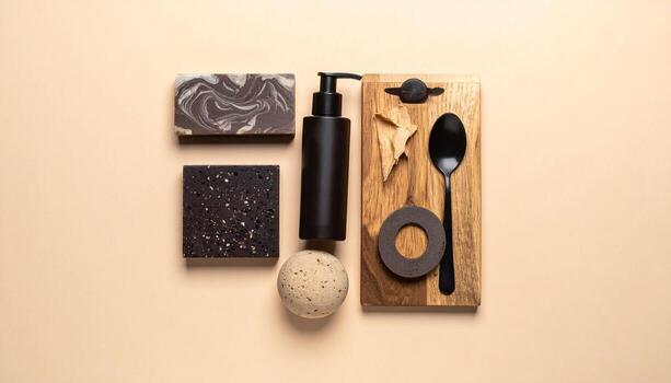 Minimalist Flat Lay Soap, Lotion Dispenser, Spoon and Geometric Shapes on Beige Background, simple photo