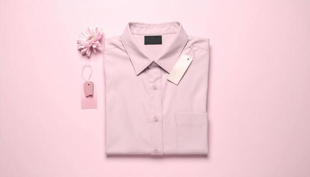 Pink Collared Shirt with Flower and Price Tags Flat Lay on Pastel Background, object photo