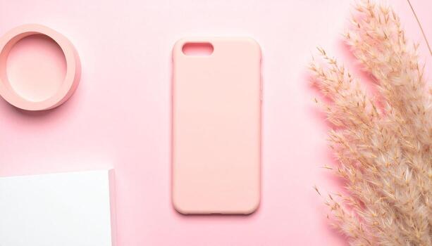 Pink Phone Case Flat Lay with Pampas Grass and Geometric Shapes - Minimalist Product, object placement photo