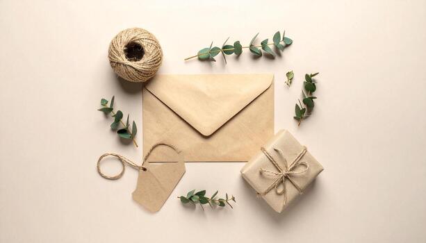 Rustic Kraft Paper Envelope, Gift Box Twine with Eucalyptus Leaves, Flat Lay, connection photo