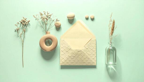 Flat lay of an open envelope with dried flowers and minimalist decor on pastel background, eco-friendly photo