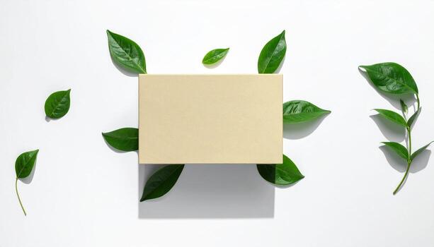 Blank Beige Box Surrounded by Green Leaves, Top View, Copy Space, Natural Background, shadow photo