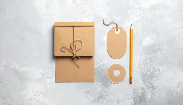 Kraft Paper Envelope Tied with Twine, Gift Tag, and Pencil on Textured Gray Background, presentation photo