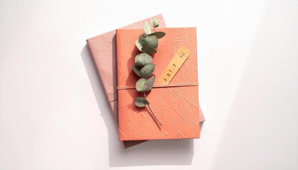 Stack of Textured Notebooks with Eucalyptus Branch and Tag, Organic Stationery Flat Lay, decorative photo