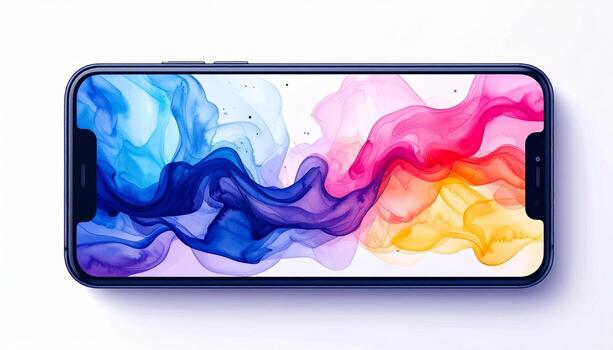 Modern Smartphone Displaying Vibrant Abstract Colorful Ink Splash Wallpaper Technology Concept photo