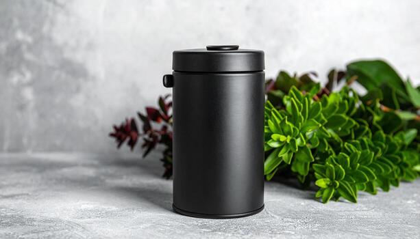 Minimalist Black Matte Cylinder Container with Greenery and Grey Textured Background for Product Placement photo