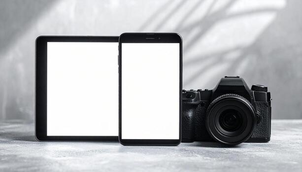 Modern Technology Mockup Blank Screen Tablet Smartphone and Professional Camera on Textured Surface with Shadow Overlay photo