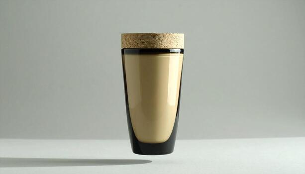 Modern Tapered Glass Candle with Cork Lid on Light Grey Background photo