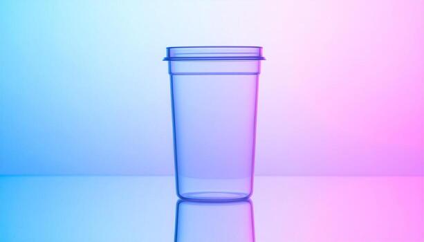 Transparent Plastic Cup with Lid on Reflective Surface Gradient Neon Lighting Background photo