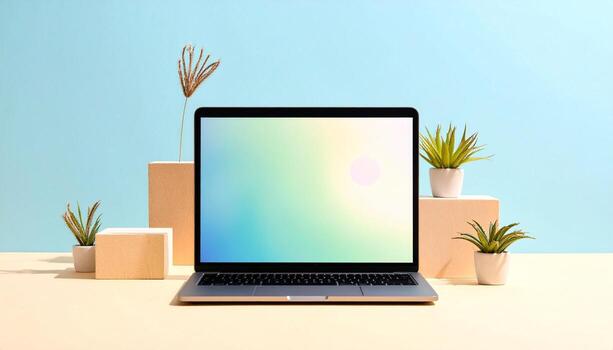 Modern Laptop Displaying Gradient Background with Minimalist Plants and Geometric Shapes photo