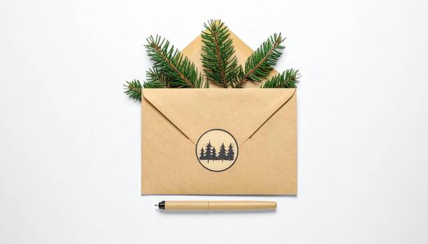 Festive Christmas Card Template with Evergreen Branches in Kraft Envelope and Pen photo