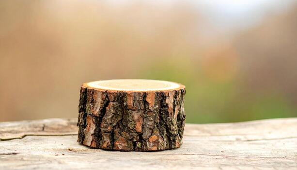 Rustic Wooden Slice Prop on a Distressed Surface with Soft Bokeh Background photo