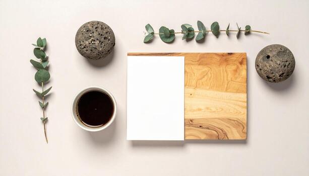Minimalist Composition Coffee Eucalyptus and Natural Elements Mockup on Wooden Board photo
