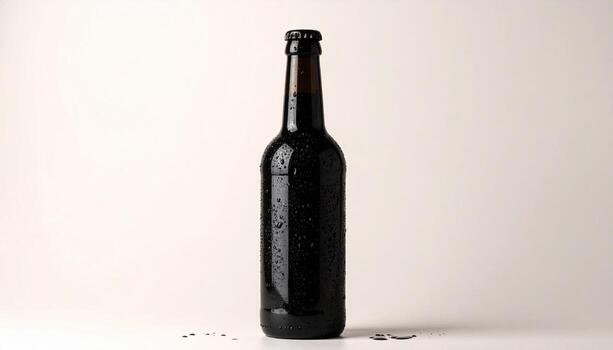 Iced Dark Beer Bottle with Condensation Droplets on a Plain Background Refreshing Beverage Photography photo