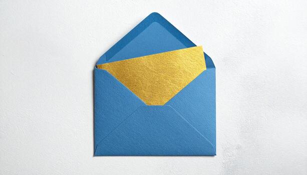 Elegant Blue Envelope with Shining Gold Card Inside Invitation Greeting Announcement Background photo