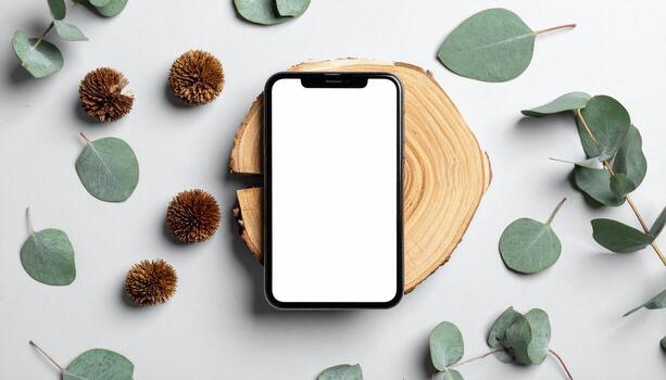 Modern Mobile Phone Mockup with Eucalyptus and Natural Wood Slice for Organic App Design Branding photo