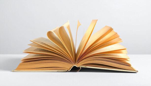 Open Old Book with Yellowed Pages Fluttering on White Background Conceptual Image for Knowledge History and Wisdom photo