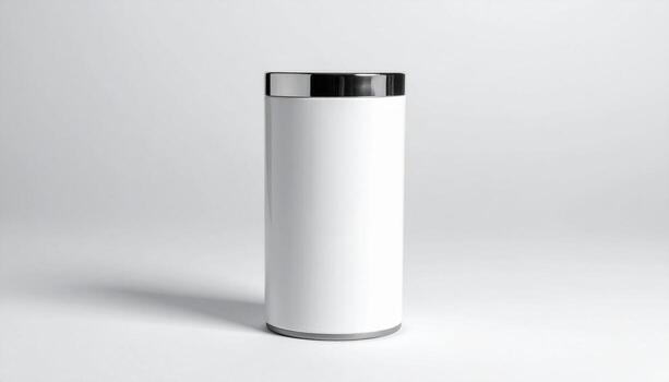 Modern White Cylindrical Container with Sleek Silver Lid on Soft Gray Background Product Mockup photo