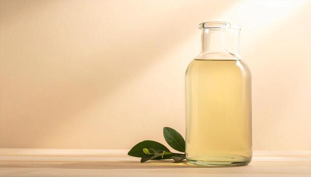 Pure Liquid Gold Glass Bottle of Herbal Extract Elixir with Fresh Green Leaves on Wooden Surface with Soft Light Shadows photo