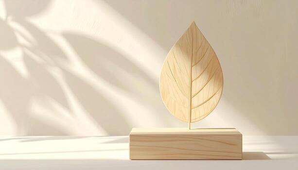 Minimalist Wooden Leaf Sculpture on Display Pedestal with Soft Light and Shadow Play photo